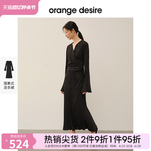 orange desire优雅系带前开叉连衣裙女2024春季新款显瘦长裙黑色