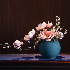 中式玉兰花摆件陶瓷花艺成品假花套装酒店客厅橱窗玄关装饰品摆设