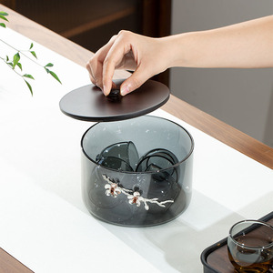 日式铅灰玻璃茶洗带盖特大号透明耐高温洗茶杯家用茶道配件洗杯盆