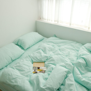 薄荷绿日式纯棉水洗棉四件套北欧简约风被套全棉床上用品床单床笠