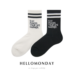 HELLO MONDAY袜子男女中筒袜二杠条纹ins潮字母个性运动风袜嘻哈