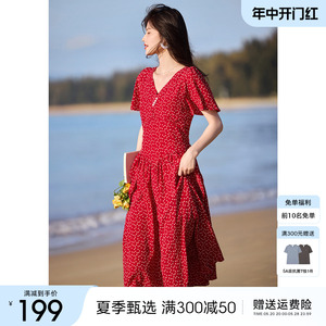 XWI欣未法式优雅波点连衣裙女夏季系带收腰显瘦气质简约红色裙子
