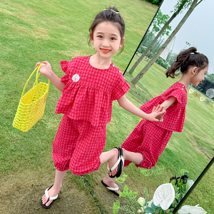 女童火龙果格子套装夏季2024新款儿童洋气时髦韩版宝宝夏装两件套