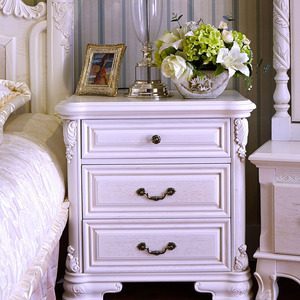 欧式实木床头柜田园抽屉储物柜白色法式床边柜仿古雕花卧室家具