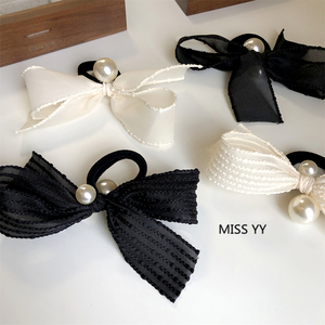韩国进口纯色减龄绢纱大小珍珠蝴蝶结耐用发圈发绳皮筋马尾扎头绳