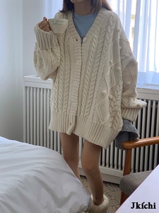 现韩国东大门代购新款女设计师款纯色麻花纹球球宽松毛衣针织开衫