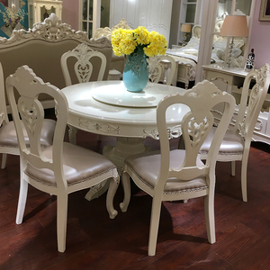 欧式餐桌椅组合全实木雕花1桌4椅子小户型1.3米圆桌6人珍珠白烤漆