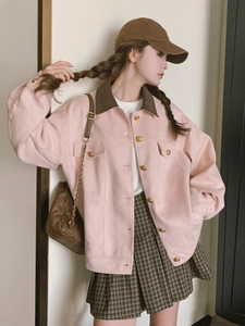 粉色鹿皮绒工装外套女春秋新款小个子学院风甜美宽松短款夹克开衫