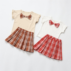 每个女孩都是公主夏季女童学院风蝴蝶结短袖T恤+纯棉格子百褶裙