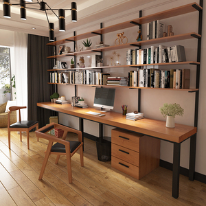 实木loft书桌书架组合书柜一体整墙一字板长条窄学习房双人电脑桌
