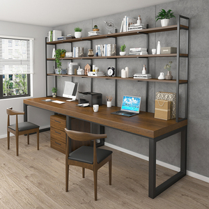 实木书桌书架组合台式电脑桌双人写字台靠墙长条办公书柜一体整墙
