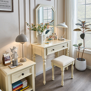 奶油风美式全实木梳妆台卧室现代简约收纳柜一体小户型化妆桌白色