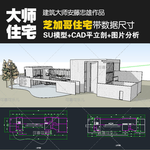 建筑大师安藤忠雄作品芝加哥住宅别墅SU模型CAD平立剖图纸分析