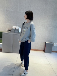 韩国女装代购秋季休闲风棒球狗狗字母做旧印花毛圈棉七分袖卫衣