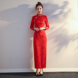 礼仪服装颁奖迎宾小姐服中国红礼服红色长款长袖外嫁女回娘家旗袍