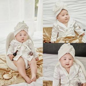百天摄影服装宝宝拍照白色浴袍头巾婴儿月子照写真衣服影楼道具