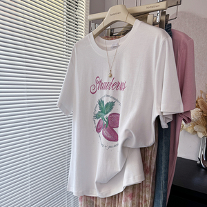 欧美油画草莓字母印花短袖T恤女 韩版水柔棉宽松凉爽白色粉紫体恤