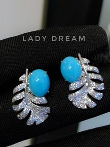 Lady dream小香羽毛｜美国原矿睡美人绿松钻石耳环，高瓷高蓝