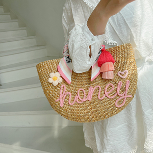 可定制名字花朵丝巾字母草编包泰国大容量手提包夏季度假编织包女