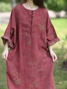 2024春季棉麻女装原创设计长袖砂洗亚麻印花中式民族风连衣裙袍子