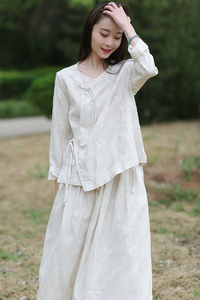 2024原创设计棉麻女装文艺复古亚麻棉提花中式民族风上衣衬衫套装