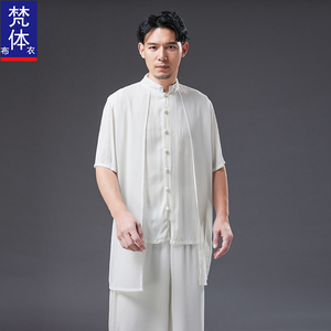 中国风汉服男装夏季复古短袖上衣中式唐装布扣拼接文艺青年茶禅服