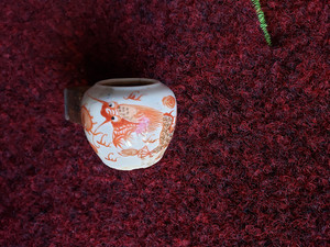 清代乾隆矾红描金五爪龙纹瓷器鸟食缸杯包老