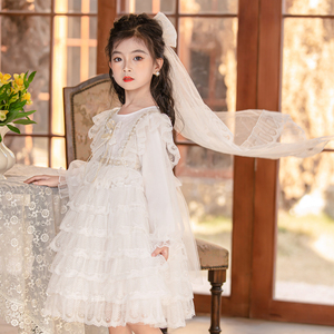 女童连衣裙2023春季韩国童裙儿童公主裙白色蕾丝蛋糕裙钢琴礼服裙
