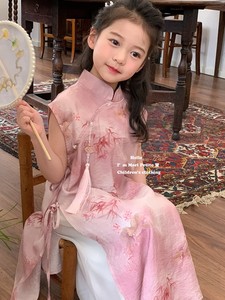 中国风新中式女童旗袍斜襟长款雪纺雪纺阔腿裤宝宝套装夏装