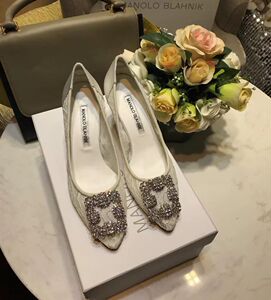 国内现货Manolo Blahnik/MB雪花水钻方扣蕾丝浅口高跟鞋 宴会婚鞋