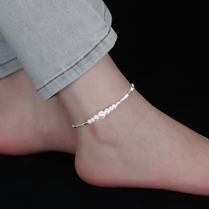 925纯银珍珠碎银脚链女2023年新款潮韩版简约高级感足银女生脚环