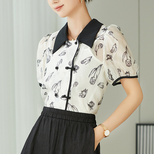 雪纺上衣女夏季中国风碎花短袖衬衫设计师款女装小众新中式小衫