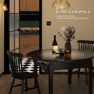 北欧全实木伸缩折叠餐桌黑色现代简约长方形可变圆饭桌家用小户型