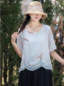 夏季复古民族风女士上衣原创设计感盘扣刺绣新中式国风T恤禅茶服