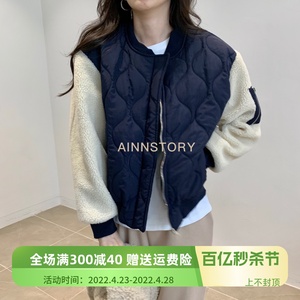 AINNSTORY 羊羔毛拼接袖子压痕设计保暖棉服圆领拉链棒球服棉衣女