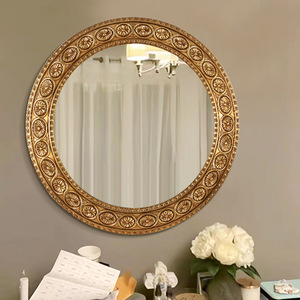 法式复古风雕花浴室镜壁炉玄关正圆装饰镜大气金银箔出口高档镜子