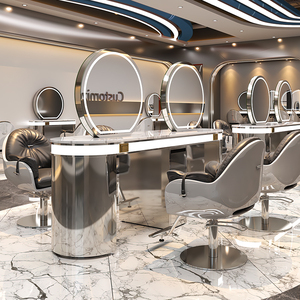 新款理发店镜台剪发镜发廊不锈钢大理石染烫桌子一体带灯美发镜子