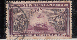 新西兰邮票1940年新國100年运输发展飞机火车船4d背几齿黄销优质