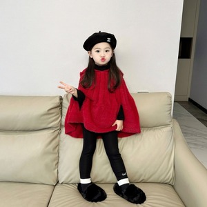韩版秋冬季新款女童宝宝仿貂绒红色毛线斗篷儿童新年装披风洋气