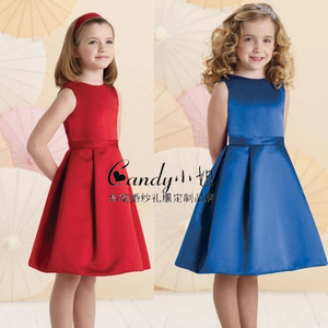 春夏新款缎面儿童礼服裙 红色公主裙女童主持蓝色演出服晚装