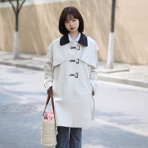 日系风衣女中长款小个子高级感复古气质薄款春秋季杏白色披风外套