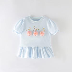 2-8岁女宝宝纯棉圆领短袖套头T恤欧美中小童时尚小花上衣半袖短裙