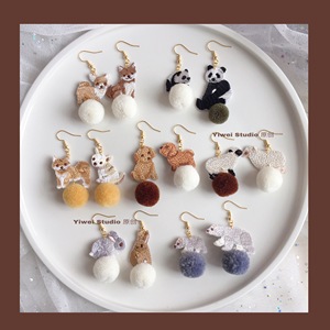 原创秋冬小动物刺绣毛球耳环熊猫动物园柴犬可爱宠物耳夹耳饰