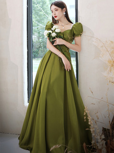 绿色缎面晚礼服女宴会气质高定名媛洋装主持人夏季学生艺考连衣裙