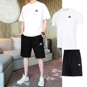 阿迪达斯正品男子简约白色透气休闲短袖T恤短裤夏季运动跑步套装