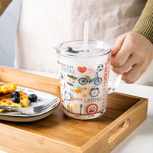 亿嘉IJARL 玻璃杯带刻度家用耐热儿童早餐水杯牛奶杯带盖吸管杯子