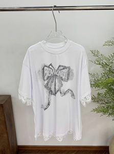韩国女装正品FIVE BOBO进口2024春季拼蕾丝烫钻短袖宽松棉T恤