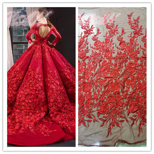 大红色亮片刺绣花花朵蕾丝布料高级定制礼服连衣裙网纱面料