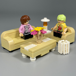 国产拼插积木米黄色沙发茶几台灯客厅现代简约家具家居场景摆件