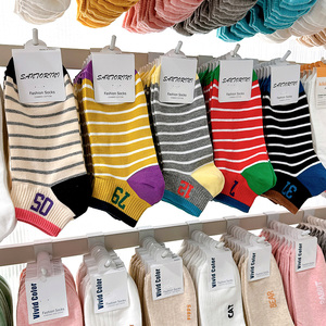 ETNA韩国进口女士袜子夏季薄款条纹彩色棉袜运动吸汗透气短袜数字